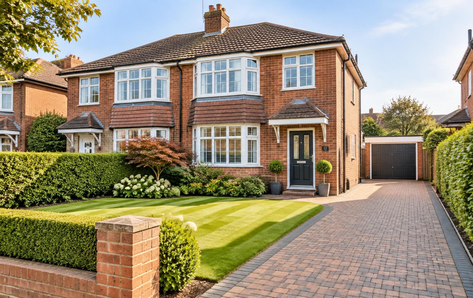 A well-kept British home with trimmed hedges and a neat lawn